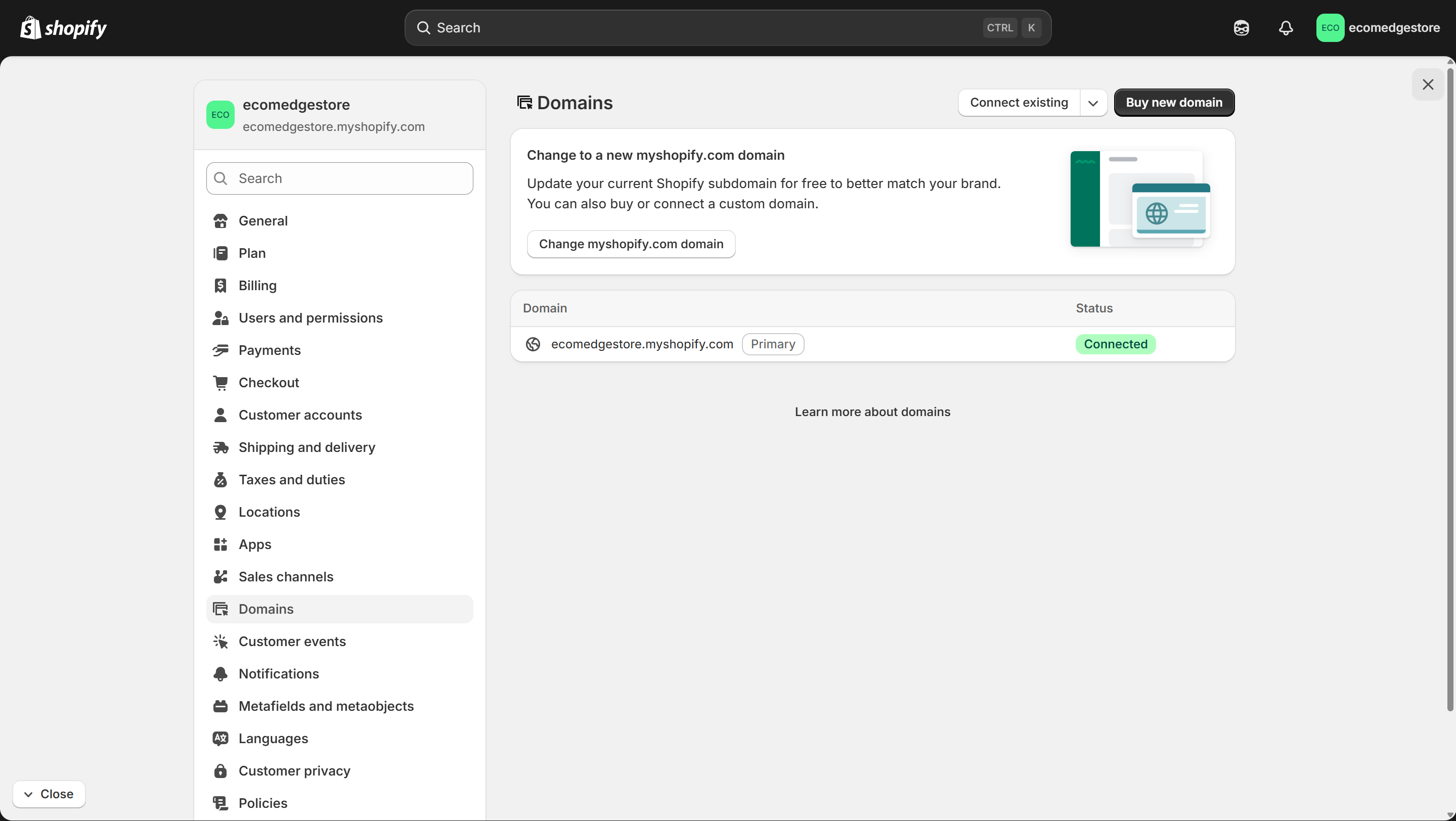 Shopify Domains page — Connect existing button